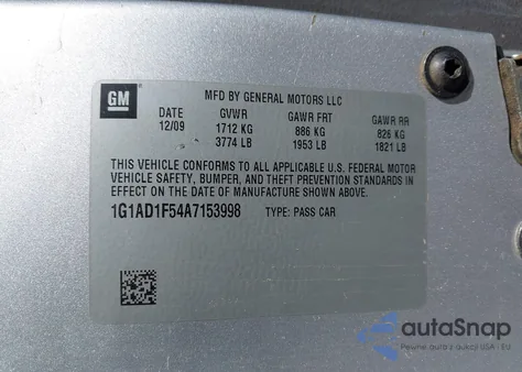 2010 Chevrolet Cobalt Lt from USA, damaged, VIN 1G1AD1F54A7153998